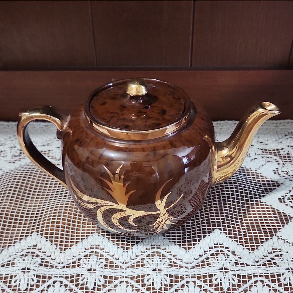 Gibsons Ceramic Teapot Brown Gold Floral Antique Style with Lid and Handles